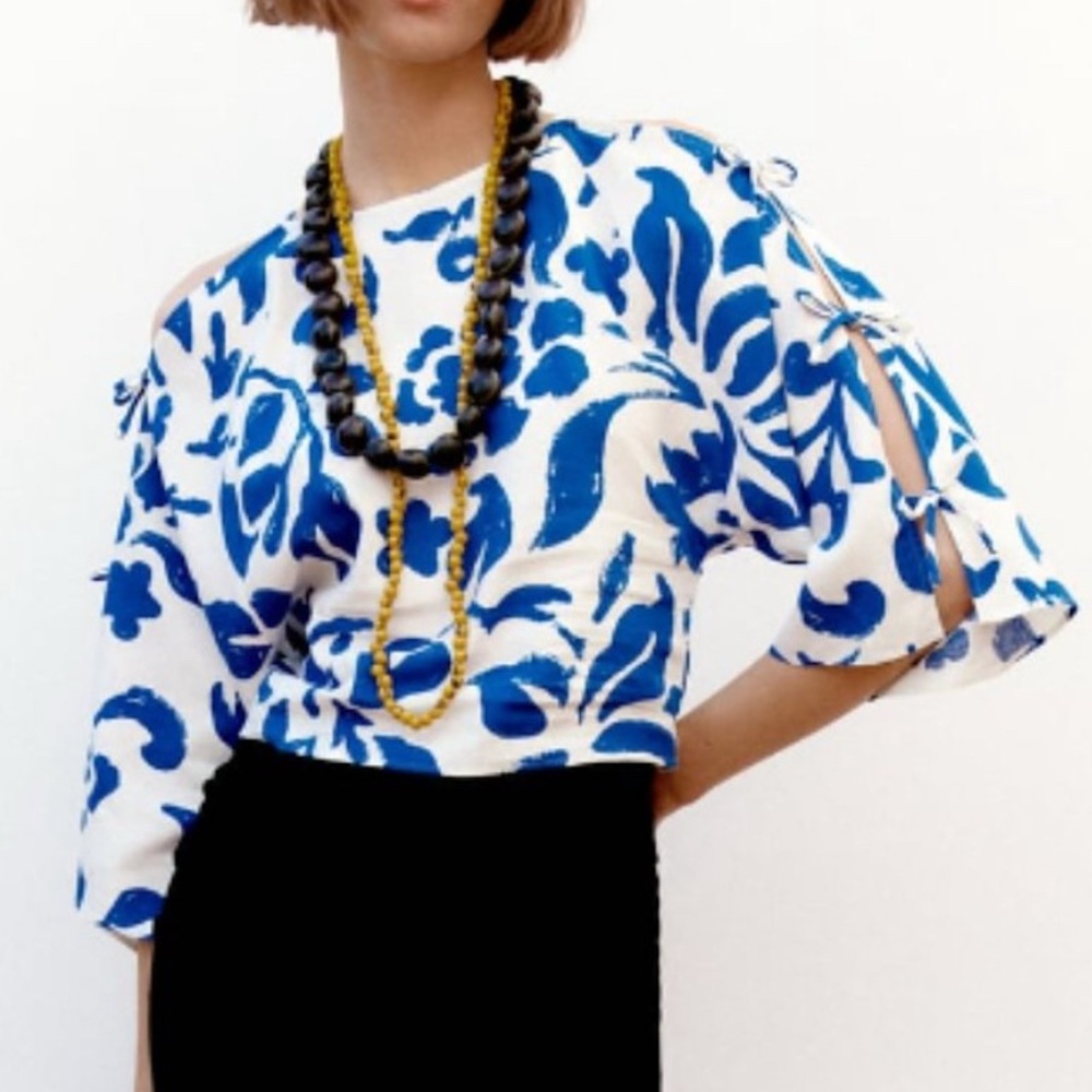 ZARA Linen-Blend Printed Top with Bow Sleeves